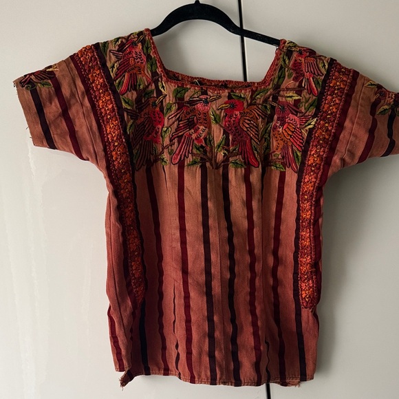 Vintage Tops - Handmade Embroidered Striped vintage Top - Red and Brown XS